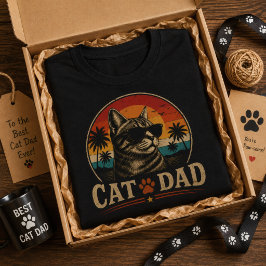 Camiseta Papá Gato Vintage Retro Atardecer Playa Tropical
