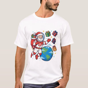 Camiseta Papá Noel Astronauta Entregando Regalos Desde el E