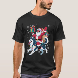 Camiseta Papá Noel Divertido Montando Perro Husky Siberiano