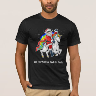 Camiseta Papá Noel montando un unicornio de Navidad Arcoíri