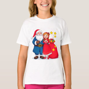 Camiseta Papá Noel y niña con una bolsa de regalos