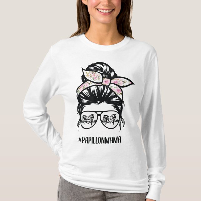 Camiseta papillon perro mamá desordenado bun gafas de pelo  (Anverso)