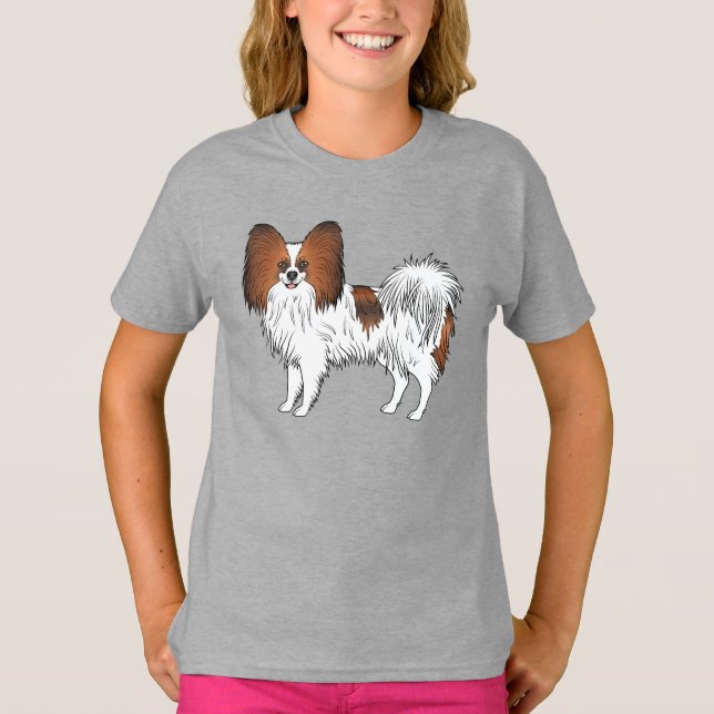 Camiseta Papillon Sable Rojo Feliz y Lindo Perro de Dibujos (Anverso)