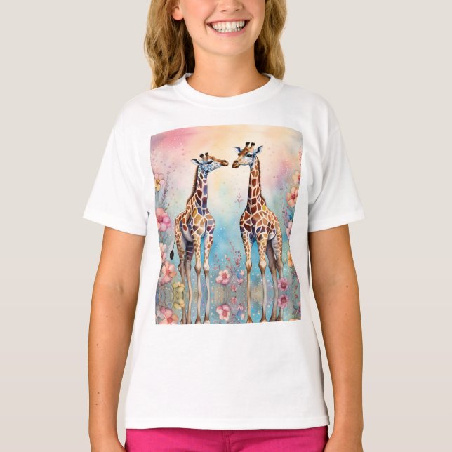 Camiseta Par de jirafas en un jardín pastel (Anverso)