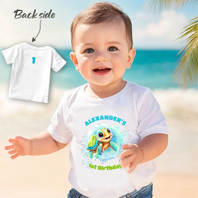 Camiseta para bebé niño de 1er cumpleaños de tortu (Cute Sea Turtle 1st Birthday Boy Baby T-shirt)