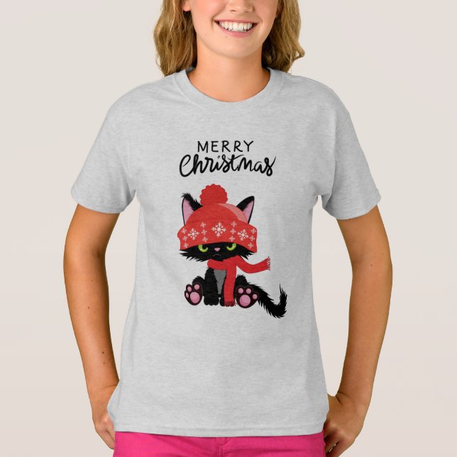 Camiseta para Chicas con un gato y Navidades Greet (Anverso)