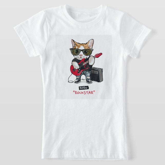 Camiseta para gato Rock Star (A white t-shirt with a square design in the center, featuring a cat dressed as a rockstar.)