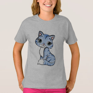 Camiseta Para Niña Gatita coqueta azul y blanca