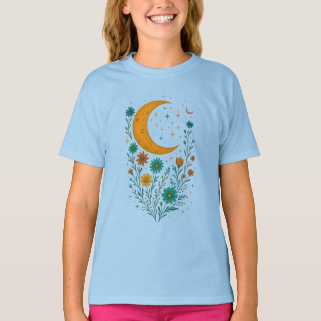 Camiseta para niñas con luna celestial y arte flor (Anverso)