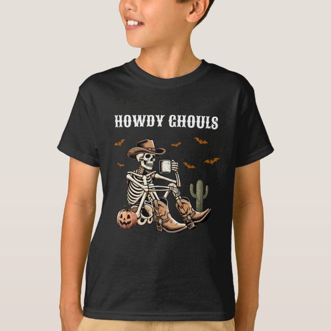 Camiseta para niños de Howdy Ghouls Cowboy Skeleto (Anverso)