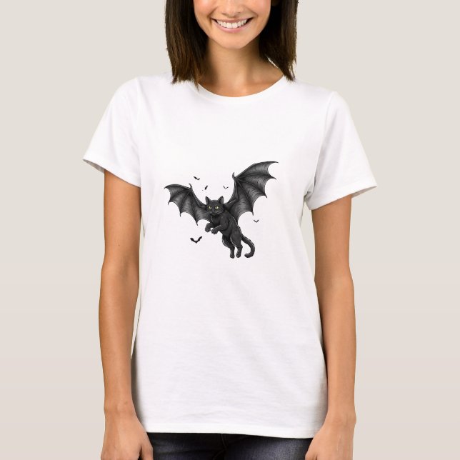 Camiseta para una mujer gata de Halloween voladora (Anverso)
