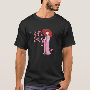 Camiseta Paraguas Chica Tradicional Y Sakura Cher Japonés