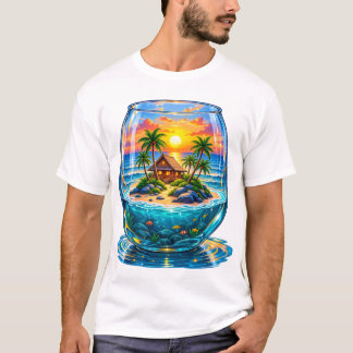 Camiseta Paraíso de Isla Tropical en un Tazón de Vidrio