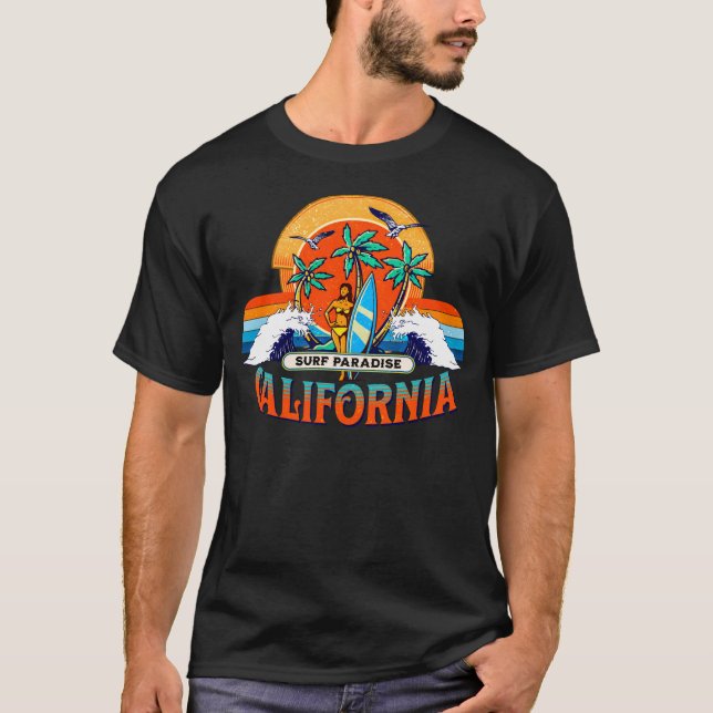 Camiseta Paraíso de Surf de California Retro Sunset (Anverso)