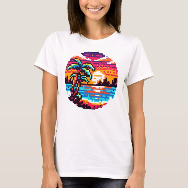Camiseta Paraíso Pixel: naturaleza retro tropical de 8 bits (Anverso)