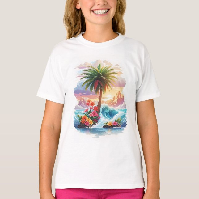 Camiseta Paraíso tropical al atardecer en diseño de camiset (Anverso)