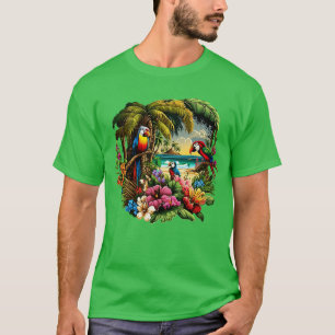 Camiseta Paraíso tropical con loros en una colorida playa