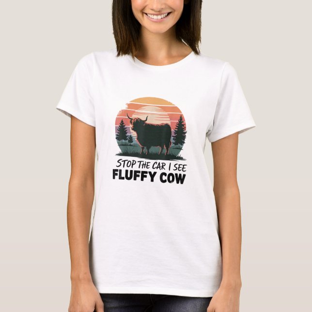 Camiseta Parar El Auto Ver Suns Fluffy Cow Highland Cow Far (Anverso)