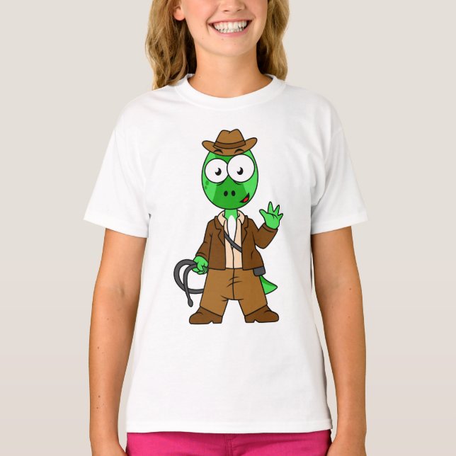Camiseta Parasaurolophus Vestido Como Indiana Jones. (Anverso)