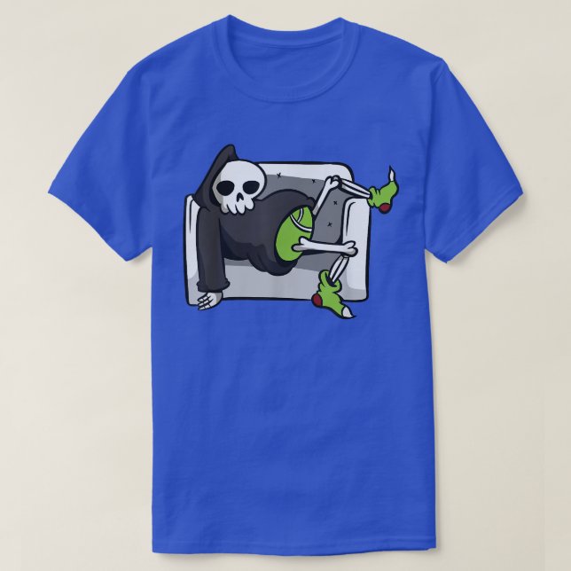Camiseta Parca Grim Reaper En El Sillón Lazy Halloween Diss (Diseño del anverso)