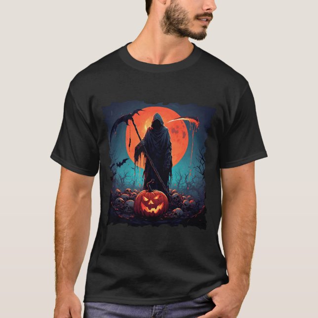 Camiseta Parca triste con calabaza de Halloween y luna llen (Anverso)
