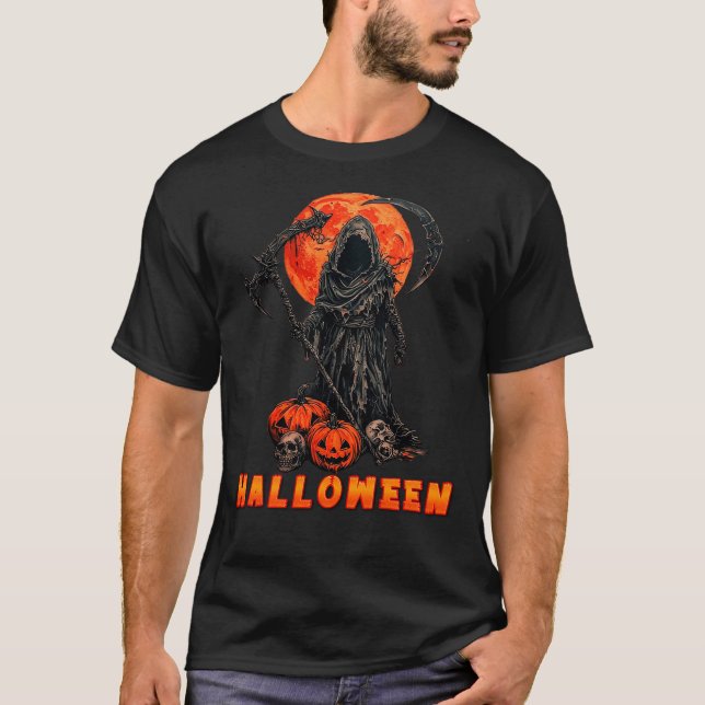 Camiseta Parca triste con calabaza de Halloween y luna llen (Anverso)