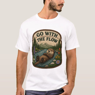 Camiseta Parche Bordado de Nutria 'Ve con la Corriente'