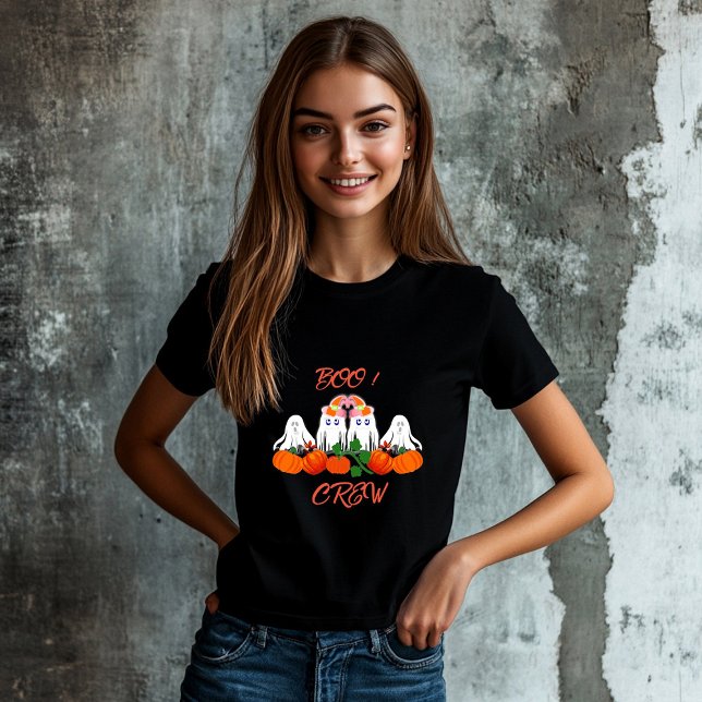 Camiseta Parche de calabaza de la tripulación BOO de disfra (Halloween Costume BOO Crew Pumpkin Patch Spooky T-Shirt)