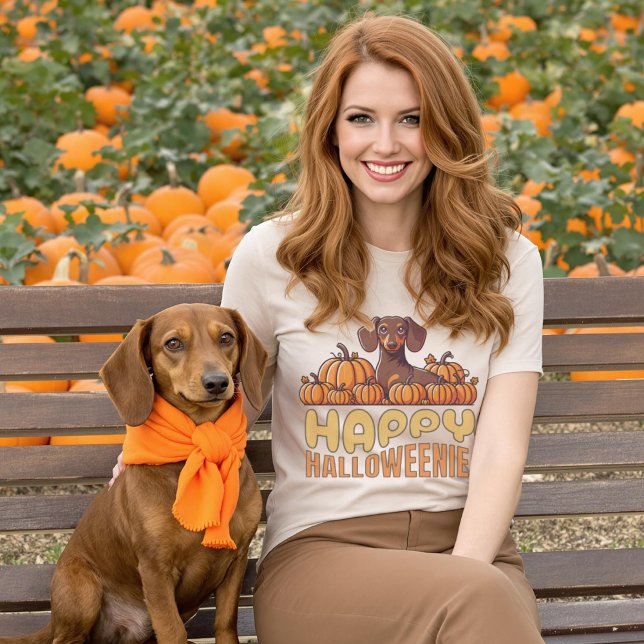 Camiseta Parche feliz de calabaza de perro de Halloweenie D (Happy Halloweenie Dachshund Dog Pumpkin Patch T-Shirt.)