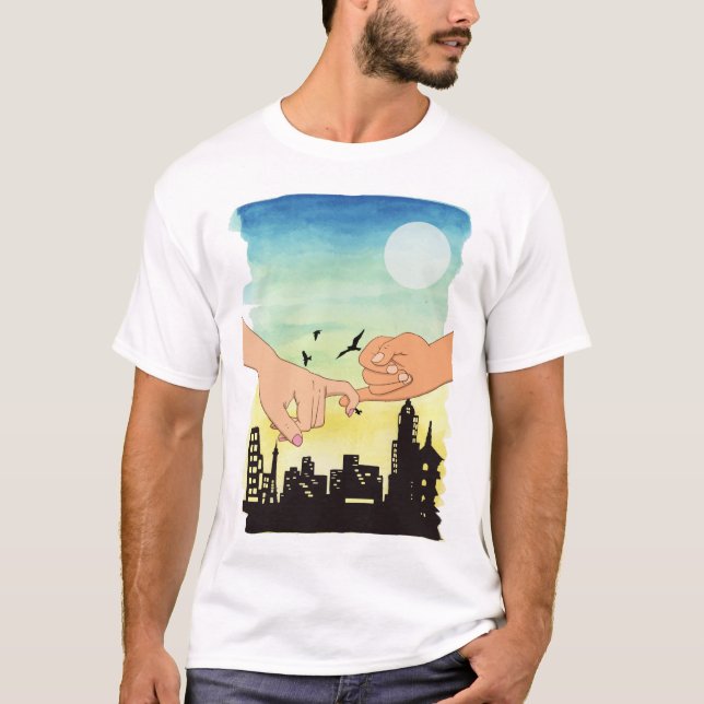 Camiseta Pareja acuarela prometedora vista de paisaje urban (Anverso)