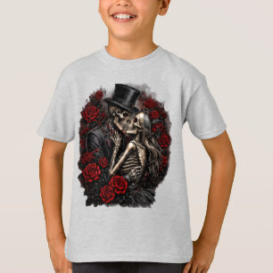 Camiseta Pareja de Esqueleto de Halloween Rosas Góticas Niñ