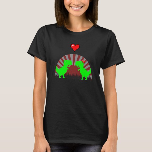 Camiseta Pareja de juego de píxeles de dinosaurio de 8 bits (Anverso)