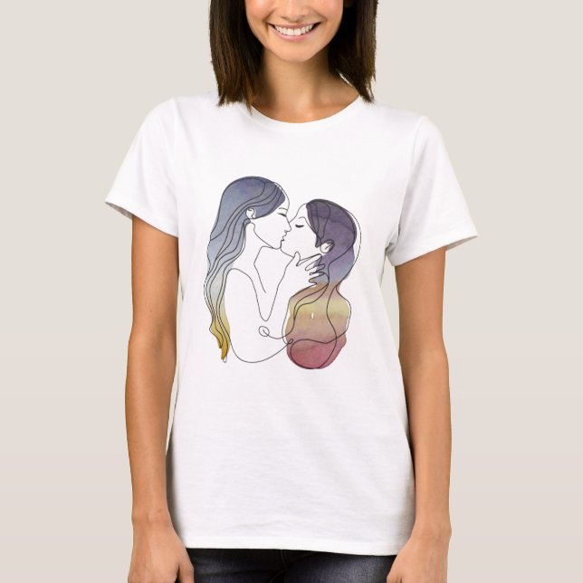 Camiseta Pareja lesbiana enamorada arte de línea minimalist (Anverso)