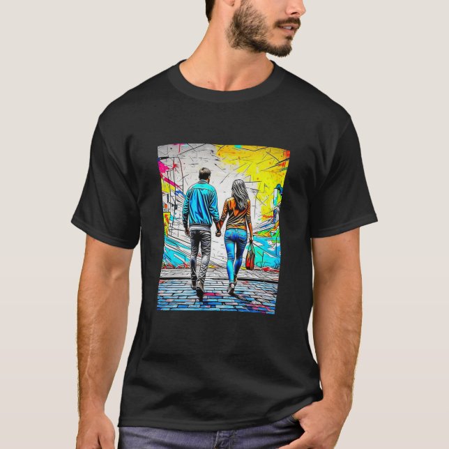 Camiseta Pareja sosteniendo manos de arte urbano callejero (Anverso)
