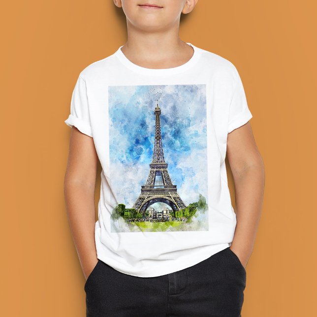 Camiseta París Francia Torre Eiffel Acuarela (Paris France Eiffel Tower Watercolor. Boy Basic White T-Shirt)