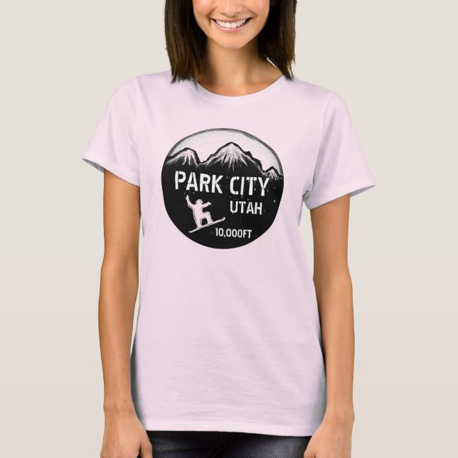 Camiseta Park City Utah, damas de arte de snowboard negro (Anverso)