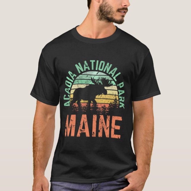 Camiseta Parque nacional Acadia Maine Moose Hiking Retro Su (Anverso)