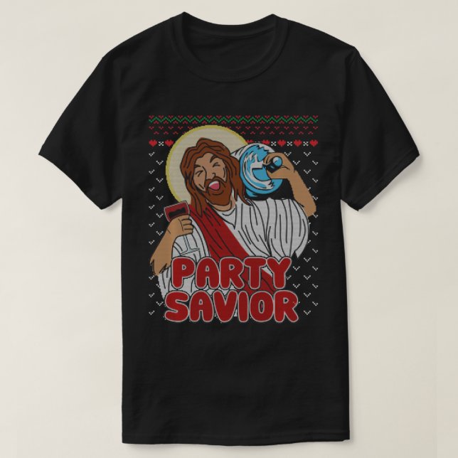Camiseta Party Savior Jesus Christ Santa Beer Ugly Christma (Diseño del anverso)