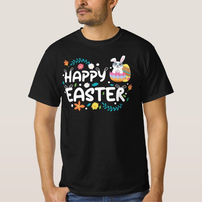 Camiseta Pascua feliz, huevos, conejo y flores (Anverso)
