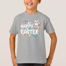 Camiseta Pascua feliz, huevos, conejo y flores