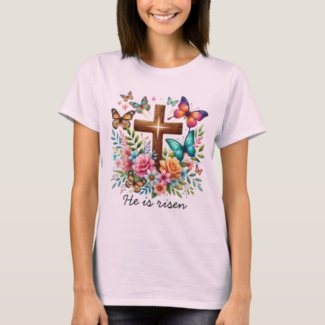 Camiseta Pascua Se levanta mariposas de flores cruzadas (Anverso)