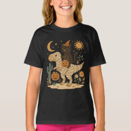 Camiseta Paseo de T-Rex de Gato Negro y Momia en Halloween