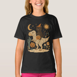 Camiseta Paseo de T-Rex de Gato Negro y Momia en Halloween