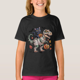 Camiseta Paseo en T-Rex de Gato Negro y Momia de Halloween