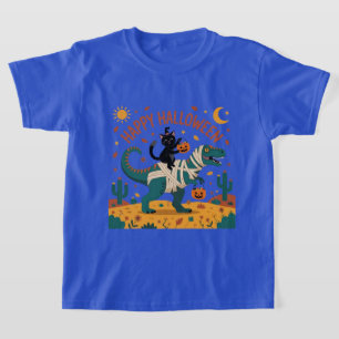 Camiseta Paseo en T-Rex de Gato Negro y Momia de Halloween 