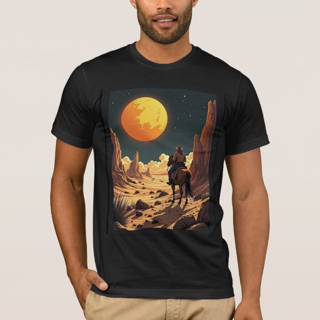 Camiseta Paseo Retro por el Sol: Vaquero bajo una luna cósm (Anverso)