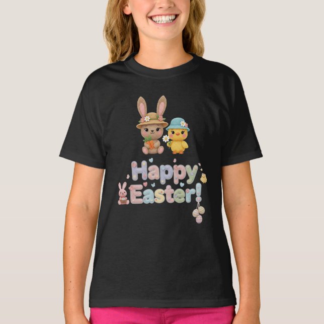 Camiseta Pastel Crochet Happy Easter Bunny & Chick design  (Anverso)
