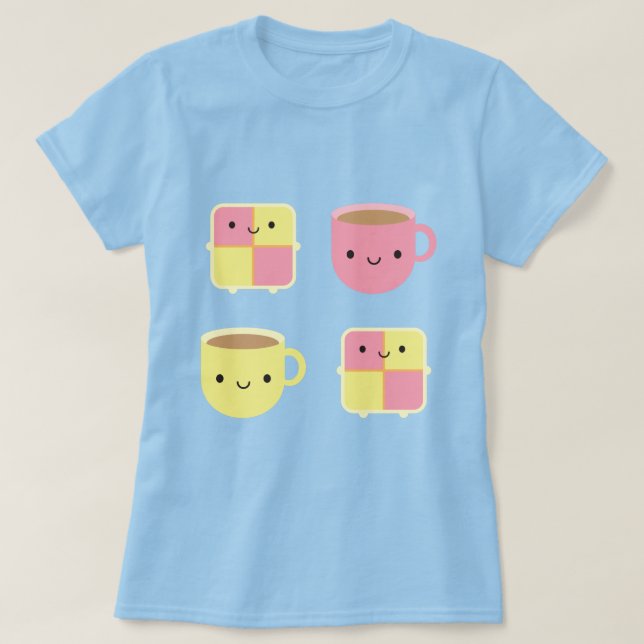 Camiseta Pastel de Kawaii Battenberg y Copa de Té (Diseño del anverso)