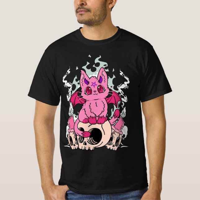 Camiseta Pastel Goth Pink Demon Cat Skulls Kawaii Anime Got (Anverso)