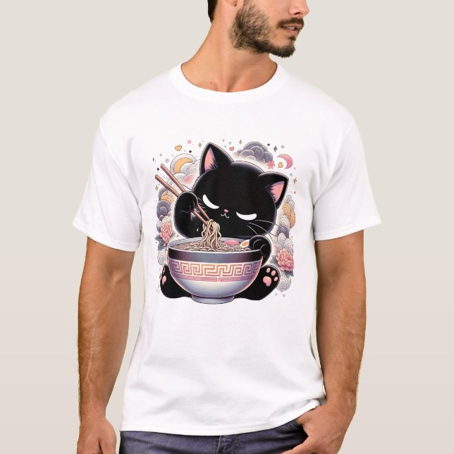 Camiseta Pastel Kawaii Gato Sombrío Comiendo fideos de Rame (Anverso)